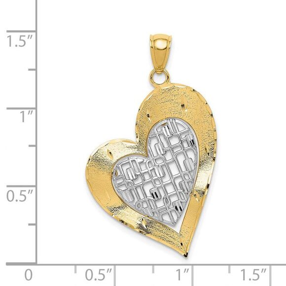 14k Two Tone Gold Satin and Diamond Cut Fancy Heart Pendant, 22mm - Picture 3 of 4